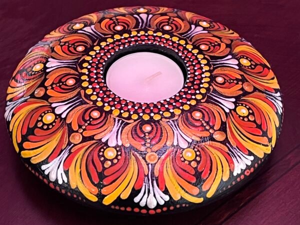IMG_4445 Tea-light Candle Holder – Hand-painted Mandala (Orange & Yellow)