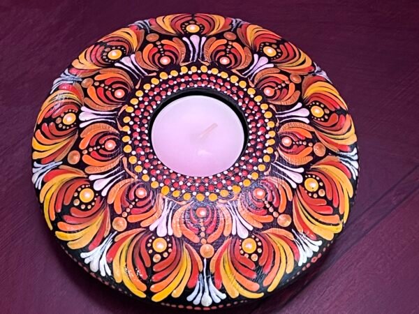 IMG_4447 Tea-light Candle Holder – Hand-painted Mandala (Orange & Yellow)