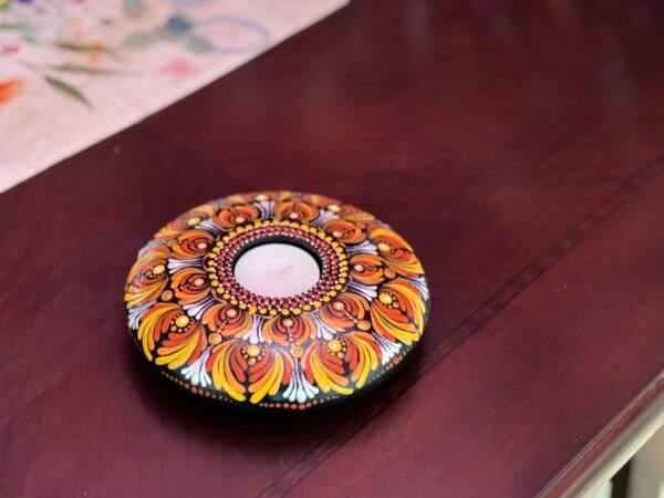 IMG_4449 Tea-light Candle Holder – Hand-painted Mandala (Orange & Yellow)