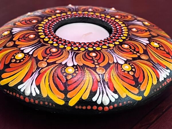 IMG_4450 Tea-light Candle Holder – Hand-painted Mandala (Orange & Yellow)