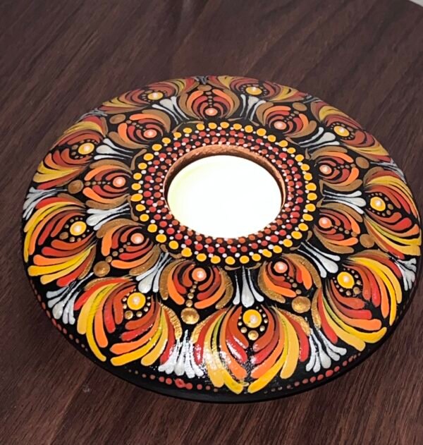 IMG_4451 Tea-light Candle Holder – Hand-painted Mandala (Orange & Yellow)